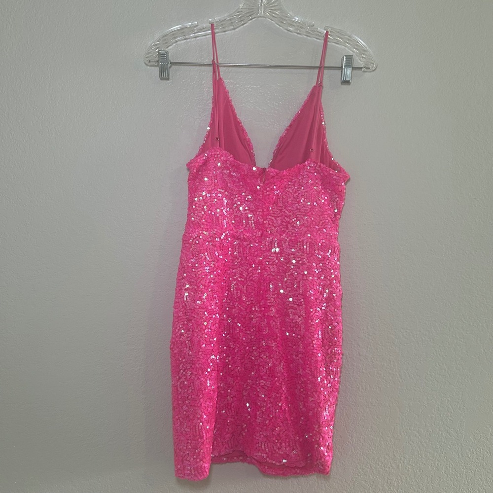 Lucy in the Sky Hot Pink Sequin V-Neck Mini Dress Neon Bodycon Party Size M - Picture 4 of 7